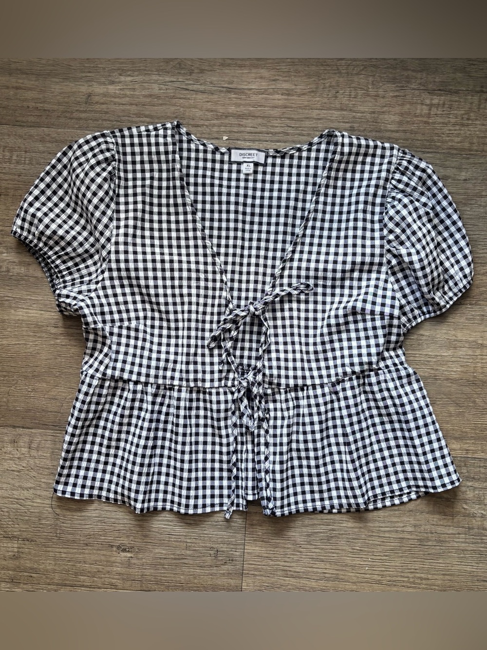 Discreet Black & White Gingham Tie-Front Peplum Blouse